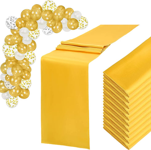 10 Pack Satin Table Runner for Wedding 12 x 108 Inch Gold Silky Wedding Table Runner for Rectangle Round Tables with 60 Pack Balloons for Thanksgiving Day Birthday Party Banquet Engagements Decoration