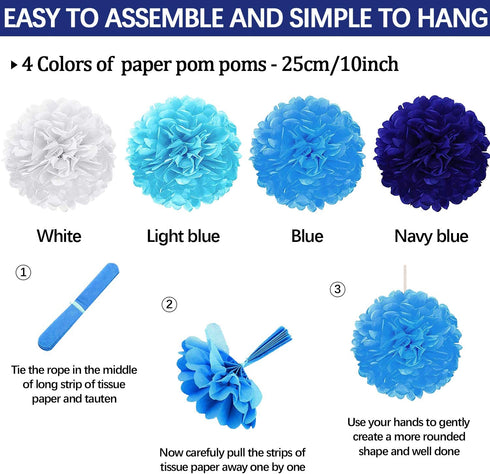 23Pcs Paper Fan Party Decoration, Navy Blue Hanging Paper Fans, Pom Poms Flowers, Garland String Polka Dot and Triangle Bunting Flag Packs for Boy Birthday, Bridal Shower, Baby Showers, Wedding