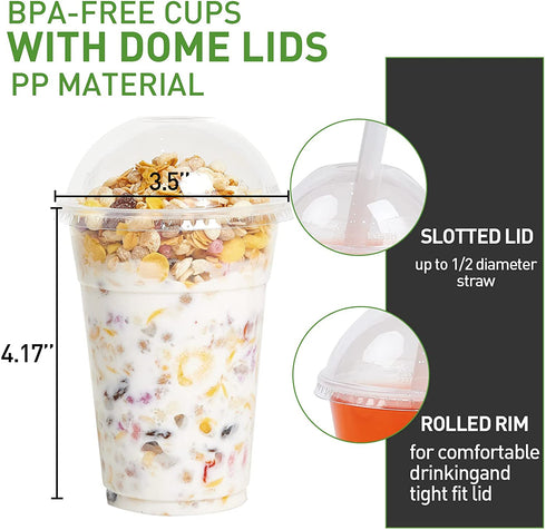 100 PACK 12 oz Clear Plastic Cups with Dome Lids, Disposable Dessert Cups, Parfait cups for Ice Cream, Iced Cold Coffee Drinks, Cupcake, Fruit Cups for Party