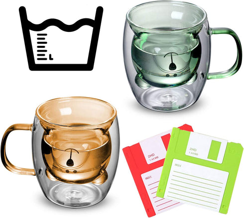 TOUCAN 12 OZ Large Double Wall Glass Coffee Mugs Bear-shaped Set of 2 Insulated Cappuccino Cups with Handles for Americano, Espresso, Ice Tea and Latte