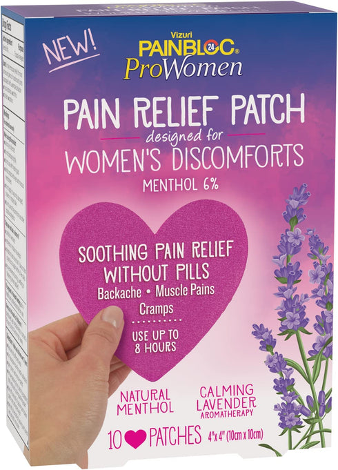 Painbloc24 Prowomen 6% Menthol Pain Relief Patch for Back Pain, Muscle Soreness, Cramps - Natural Cramp Relief - Women's Pain Relief Products - Natural Ingredients (10 Heart Patches)