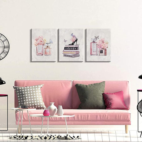 WANBOYA Fashion Women Canvas Wall Art Pink Flower Perfume Modern Art Prints with Book High Heel 3 Pieces Canvas Pictures Girl Room Wall Decor for Women Bedroom Bathroom Ready to Hang 12"x16"x3pcs