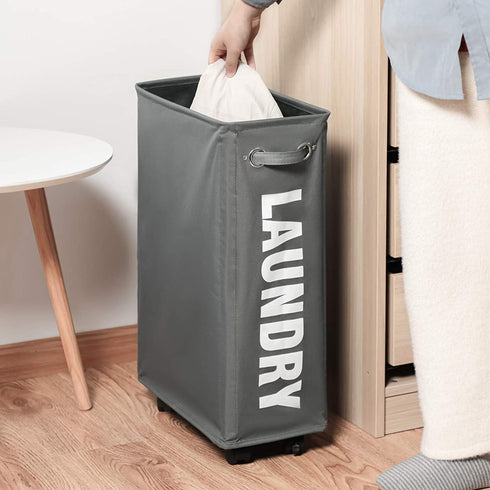 Lifesela Slim Rolling Laundry Basket, 22 Laundry Hamper with Wheels, Collapsible Dirty Clothes Hamper with Drawstring Mesh Cover, Corner Clothes Hamper Laundry Bin with Handle (Grey)