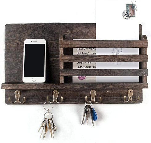 Mail and Key Holder for Wall Decorative - Wall Mounted Rustic Mail Organizer with 4 Double Hooks and Mail Rack, Wood Shelf Home Decor for Entryway, Mudroom, Hallway