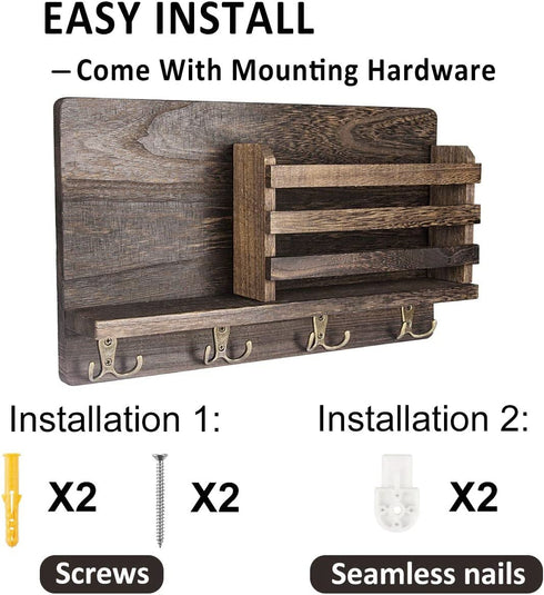 Mail and Key Holder for Wall Decorative - Wall Mounted Rustic Mail Organizer with 4 Double Hooks and Mail Rack, Wood Shelf Home Decor for Entryway, Mudroom, Hallway