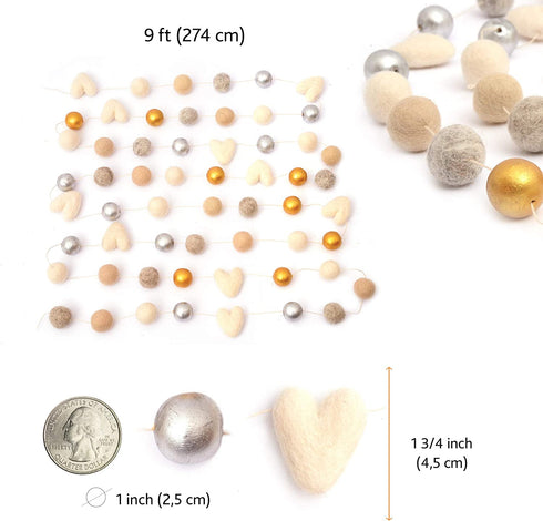 Glaciart One Valentine Felt Ball Garland - Handmade in Nepal Using New Zealand Wool - Reusable, Durable, Stylish & Versatile - Easy to Hang & Maintain Gold, Silver & Neutral Colors Set - 9ft