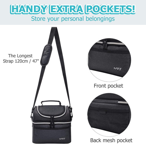 Insulated Lunch Bag, Leakproof Thermal Bento Cooler Tote for Women and Men, Dual Compartment with Shoulder Strap, 10.1" x 6.5" x 8.3", Black
