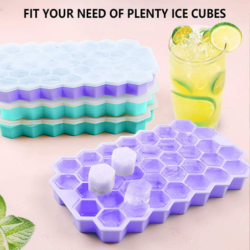 Upgrade Ice Cube Trays, TGJOR 2 Pack Silicone Flexible Ice Cube Trays with Lid, 74 Cubes Ice Trays for Chilled Drinks, Whiskey & Cocktails , Stackable Flexible Safe Ice Cube Trays (blue+purple)