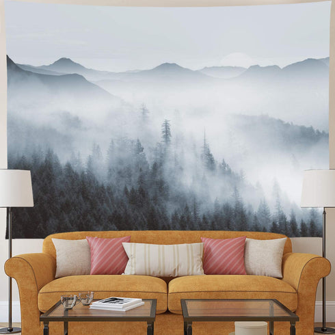 Heopapin Misty Forest Tapestry Forest Trees with Mountain Tapestry Black and White Fantastic Fog Magical Tapestry 3D Vision Nature Landscape Tapestry for Bedroom Living Room Dorm (W78.7 — H59.1)
