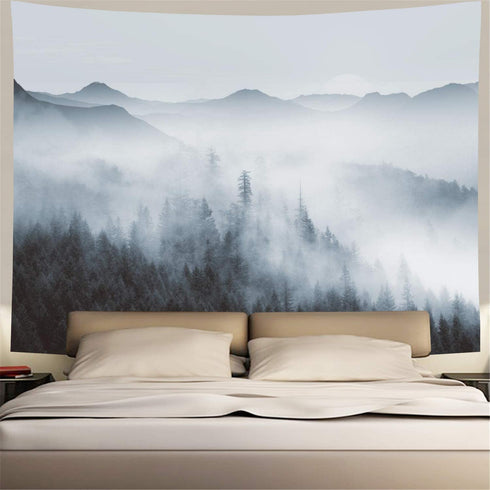 Heopapin Misty Forest Tapestry Forest Trees with Mountain Tapestry Black and White Fantastic Fog Magical Tapestry 3D Vision Nature Landscape Tapestry for Bedroom Living Room Dorm (W78.7 — H59.1)