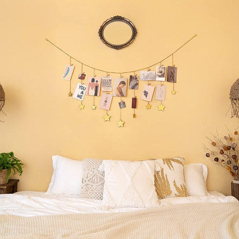 Mkono Hanging Photo Display with String Lights Gold Stars Garland Picture Frame Collage with 25 Wood Clips Wall Art Decoration for Home Office Nursery Bedroom Dorm Card Display