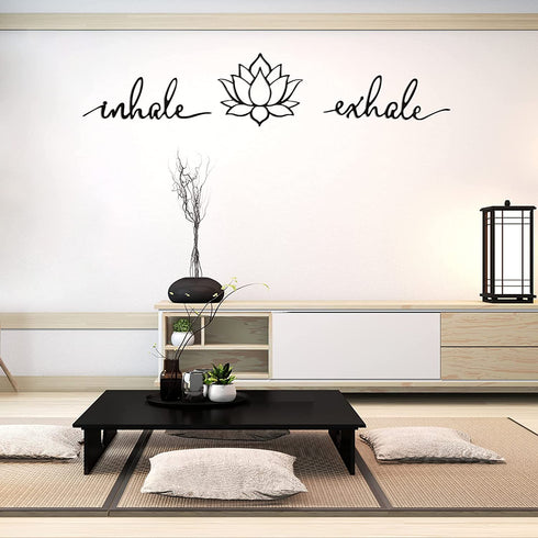 3 Pieces Inhale Exhale Wall Art Lotus Flower Wall Art Yoga Zen Sign Decorative Black Flower Sculpture Meditation Decoration Spiritual Decor for Living Room Bedroom Yoga Decor (Metal)