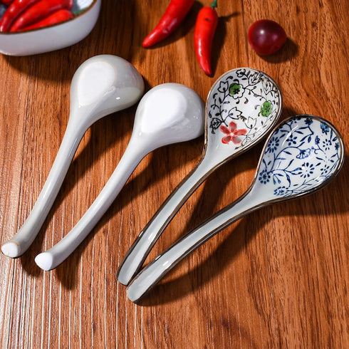 Japanese and Korean Soup Spoon set of 4, Long Curved Handle Asian Retro Chinese Ceramic Rice Spoons for Ramen Noodle(Different Color)