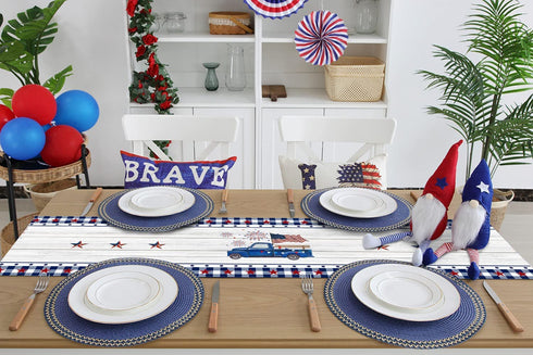 Independence Day Table Runner 70 Inch Dresser Scarves 4th of July Memorial Day Truck USA Flag Non-Slip Burlap Dinner Runner Decor for Tables Stars Check Plaid Buffalo Wood Grain
