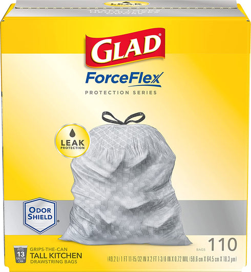 GLAD Protection Series Force Flex Drawstring Smell Shield, Gray, 13 Gallon, 110 Count