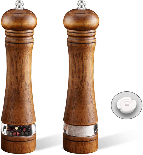 2-Piece Salt and Pepper Grinder Set, 8 Inch Wooden Salt and Pepper Mills with Adjustable Coarseness, Refillable Manual Pepper Mill Grinder for Home Cooks (Brown)