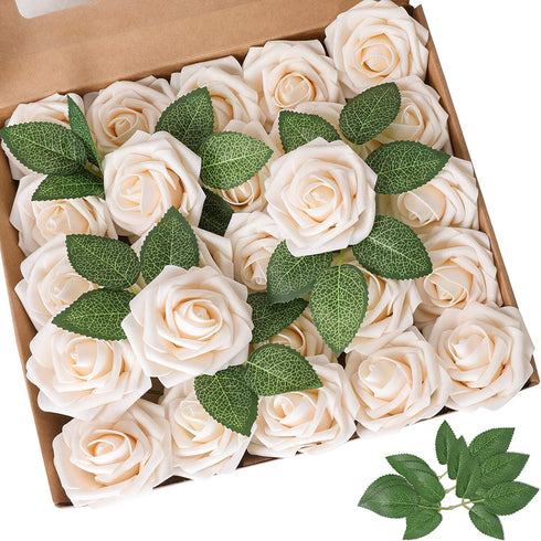 AmyHomie Artificial Flower Champagne Rose 25pcs Real Looking Fake Roses w/Stem for DIY Wedding Bouquets Centerpieces Arrangements Party Baby Shower Home Decorations