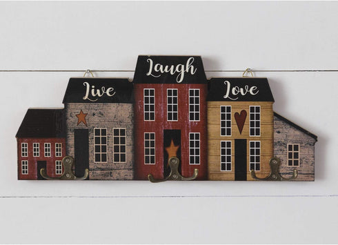 Rustic Wood Live Laugh Love Sign House-Shaped Wall Mounted Coat Rack with Metal Double Hooks Decorative Robe, Hat, Towel Hanger Country Farmhouse Home Decor