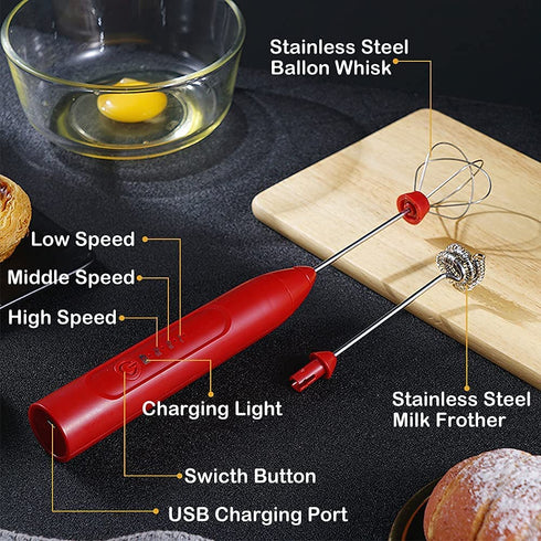 Qweeon Handheld Milk Frother,Coffee Frother Rechargeable Milk Frothers 3 Speeds Drink Mixer with 2 Stainless Whisk for Cappuccino Latte Red