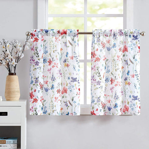 Fragrantex Print Flower Red Kitchen Curtains 45 inch length Multi-Color Linen Texture,Small Window Curtains Travel Trailer Rustic Farmhouse Floral Sheer Tiers Curtains 2 Panels Rod Pocket 28"W x 45"L