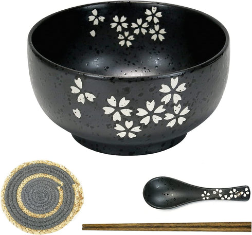 Bestjing Japanese Ramen Bowl set, Porcelain Bowls with Carved Sakura Patterns, 100% Hand-Finished, 32oz Large for All Purpose. Noodle bowl with Matching Spoon, Chopsticks &Bowl placemats, 4pc&Set of 1