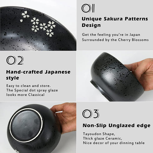 Bestjing Japanese Ramen Bowl set, Porcelain Bowls with Carved Sakura Patterns, 100% Hand-Finished, 32oz Large for All Purpose. Noodle bowl with Matching Spoon, Chopsticks &Bowl placemats, 4pc&Set of 1