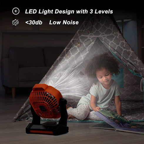 Camping Fan with LED Lantern, Portable Rechargeable USB Table Fan, Battery Operated Powered Fan 270°Head Rotation & Stepless Speed for Camping Accessories, Bedroom, Table, Tent, Travel