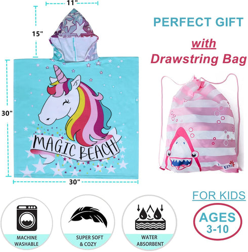 Athaelay Soft Swim Cover-ups for 3 to 10 Years Old Kids Girls Hooded Bath Beach Poncho Towels (Magic Unicorn, with Drawstring Bag)
