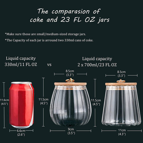 Small Glass Coffee Nuts Canister Airtight Storage Jar Petal Decorative Container with Bamboo Lid Metal Handle Easy to Grasp 700ml, 23 FL OZ (Set of 2)