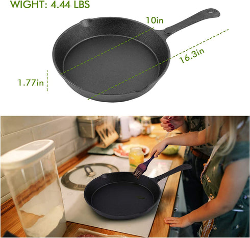 10 Inch Cast Iron Skillet Pan Small Frying Pan, Pre-Seasoned for Non-Stick Like Surface, Cookware Oven/Broiler/Grill Safe, Kitchen Deep Fryer, Restaurant Chef Quality