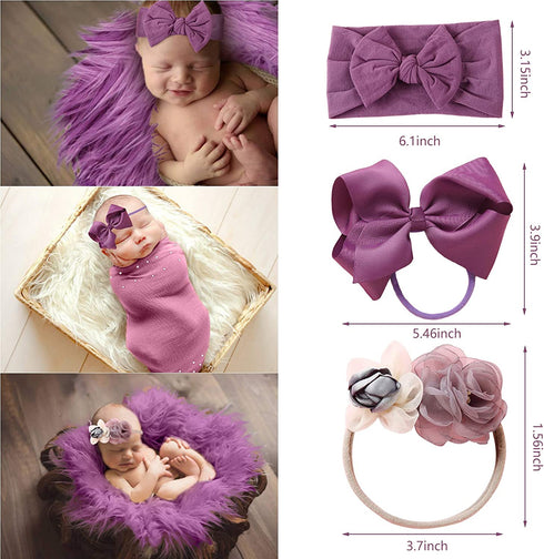5 Pcs Newborn Photography Props Outfits- SPOKKI 35x67 Baby Long Ripple Wrap and Toddler Swaddle Blankets Photography Mat with Cute Headbands for Infant Boys Girls(0-12 Months) (Purple)