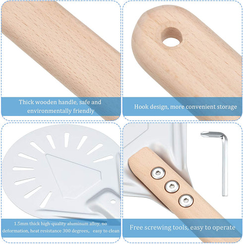 Round Perforated Pizza Peel Non-slip Durable Aluminum Turning Peel Pizza Paddle with 16 Inch Anti-Scalding Wooden Handle for Homemade Pizza Bread Bakers (7 Inch)