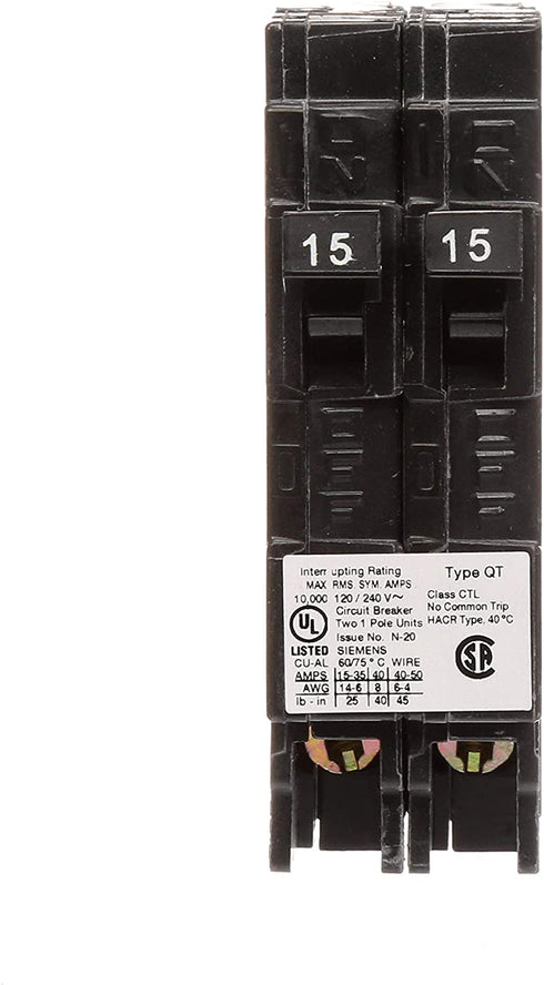 SIEMENS Q1515 Two 15-Amp Single Pole 120-Volt Circuit, use only Where Type QT Breakers are Allowed, Black