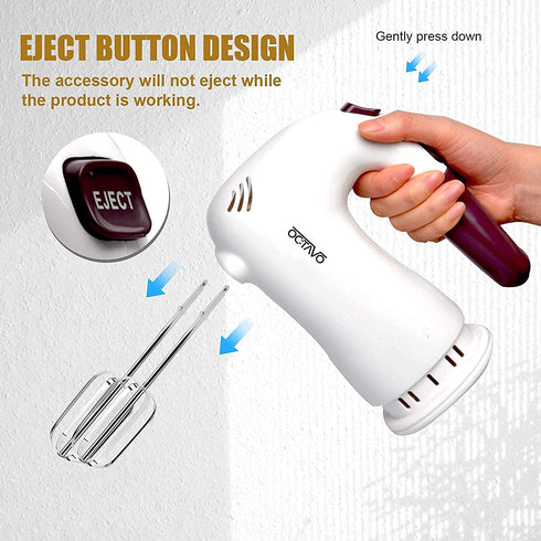 OCTAVO Hand Mixers Electric, Handheld Electric Mixer With Easy Eject Button, 2 Wired Beaters + 2 Dough Hooks And Storage base with Ultra Power 250W - 5 Speed - 120V (white)