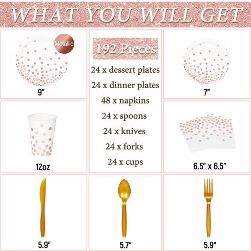 DECORLIFE Rose Gold Plates and Napkins Party Supplies Serves 24, Rose Gold Paper Plates, 12oz Cups Included, Complete Pack for Baby Shower, Graduation, Retirement, Birthday and Wedding, Total 192 PCS