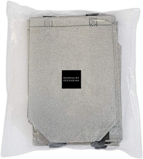 Silver Gift Bags - 12 Pack Medium Silver Reusable Gift Bag Tote with Handles, Glitter Metallic Bling Shimmer, Eco Friendly for Kids Birthdays, Bridesmaids, Party Favors, Grocery Shopping - 8x4x10
