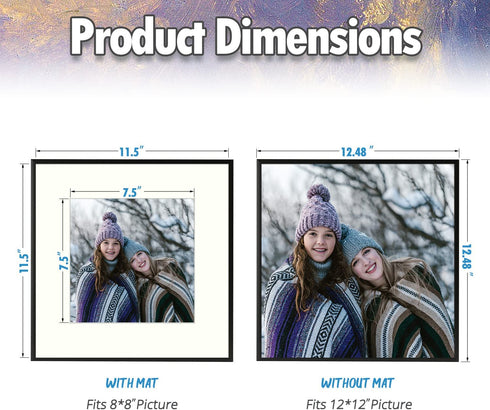 AUEAR, 12x12 Aluminum Wall Mounting Photo Frame with Ivory Mat for 8x8 Pictures Includes Sawtooth Hangers, Spring Clips Real Glass (Black)