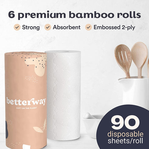 Betterway Bamboo Paper Towels - 6 Rolls, 2 Ply - Plastic Free, Disposable Kitchen Paper Towels - Select Size, Tree Free, Compostable, Strong & Absorbent - Sustainable Product w/ Eco Friendly Packaging