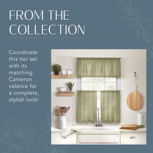 Elrene Home Fashions Cameron Linen Tier Curtains, 30" W x 24" L Each (Set of 2 Tiers), Sage Green