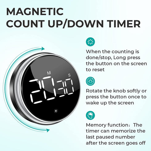 Digital Kitchen Timer, Round Magnetic Countdown Count Up Timer with Stand, Large 3'' LED Display, 3-Level Volume, Easy for Cooking, Learning, Yoga and Good for Seniors and Kids Used (Black)