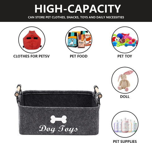 Geyecete Dog Toys Storage Bins - with Wooden Handle,Decorative Basket Rectangular Soft Felt Storage Bin Organizer Basket Pet Supplies Storage Basket/Bin Kids Toy Chest Storage Trunk(Dog-Grey)