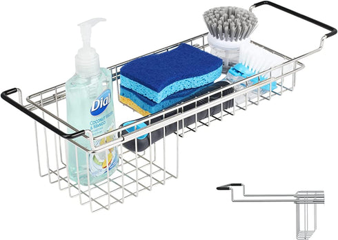 Sink Caddy Sponge Holder Kitchen Sink Organizer Sponge Caddy Farmhouse Sink Accessories Rag Detergent Brush Dishwashing Liquid Rack Expandable 14-3/4" to 20" Stainless Steel