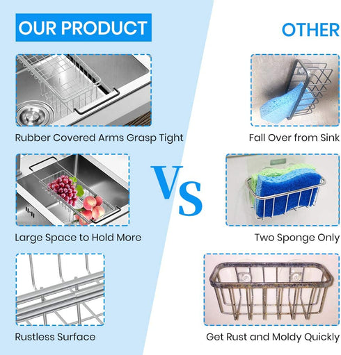 Sink Caddy Sponge Holder Kitchen Sink Organizer Sponge Caddy Farmhouse Sink Accessories Rag Detergent Brush Dishwashing Liquid Rack Expandable 14-3/4" to 20" Stainless Steel