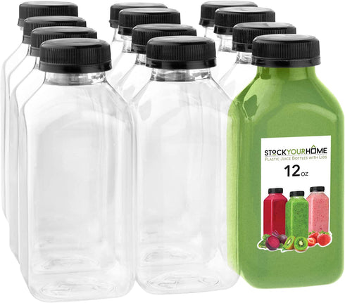 Stock Your Home 12-Ounce Bottles with Black Caps (12 Pack) - BPA-Free Plastic Bottles with Tamper Proof Caps - Leak Resistant & Reusable - Bottles for Juice
