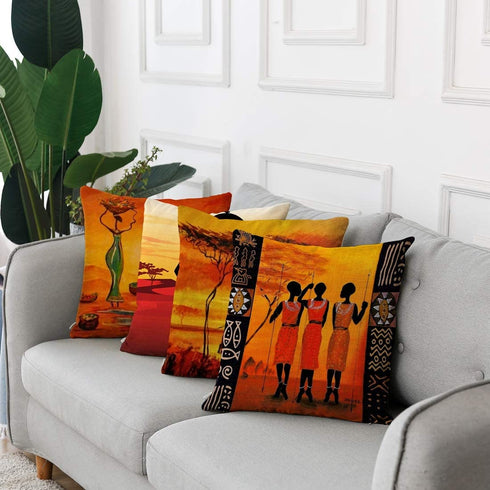 ArtSocket Set of 4 Linen Throw Pillow Covers Oil Painting African Art Ethnic Tribe Lady Livingroom Lips Decorative Pillow Cases Home Decor Square 18x18 inches Pillowcases