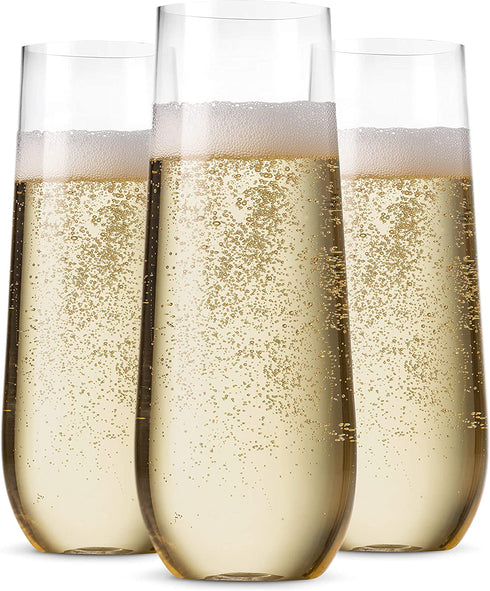 24 Pack Stemless Plastic Champagne Flutes Disposable 9 Oz Clear Plastic Toasting Glasses Shatterproof Recyclable and BPA-Free