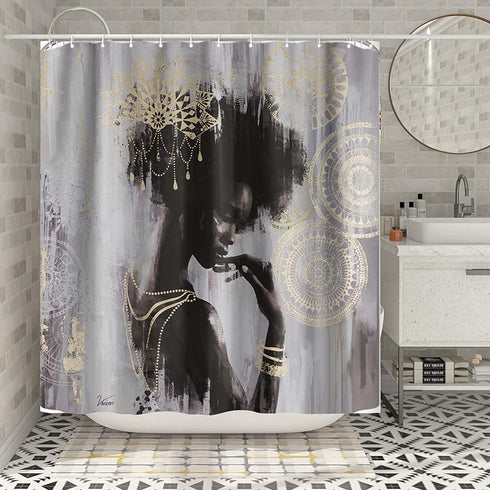 OuElegent African Woman Shower Curtain Black Girl with Mandala Pattern Decorations Bath Curtain Waterproof Fabric Bathroom Decor with Hooks 72x72 Inches Grey
