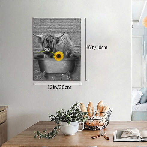 NIALLIAZ Cow Sunflower Canvas Wall Art Funny Animal And Bathing In The Bathtub Decor Black White Pictures Giclee Print Modern Artwork Paintings For Living Room Bedroom Bathroom, 12 X 16 inch