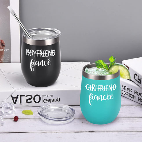Lifecapido Boyfriend and Girlfriend Wine Tumbler Set, Engagement Gifts for Fiance Fiancee Friend Couples Her Women, 12 Oz Newly Engaged Stainless Steel Insulated Wine Tumbler with Lids, Black and Mint