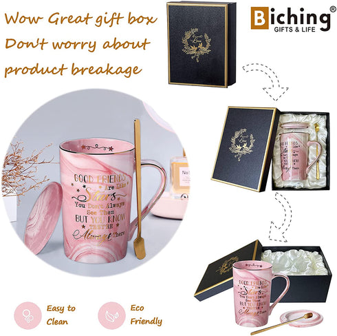 Best Friends, Friendship Gifts for Women Birthday Gifts for Women Birthday Gifts Ideas for Her, Friends Female, Besties, Sister, BFF Ceramic Marble Coffee Mug Gifts Box Printed Gold 14oz Pink